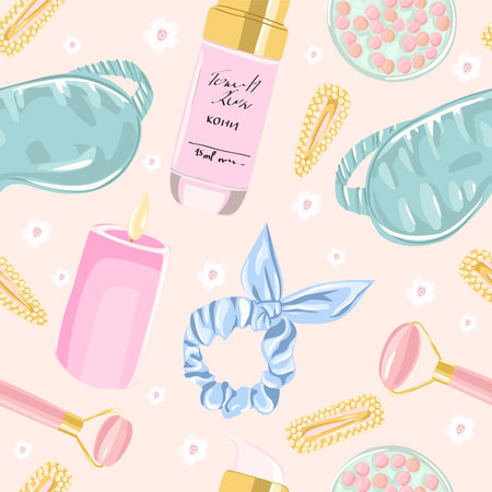 Seamless pattern with beauty products, fashion accessories, and flowers. Cosmetic background for fabric, wrapping, textile, wallpaper, apparel. Vector illustration.のイラスト素材