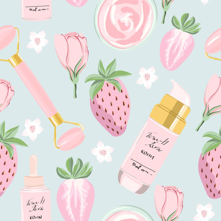 Seamless pattern with cosmetic products, strawberries, and roses. Beauty background for fabric, wrapping, textile, wallpaper, apparel. Vector illustration.のイラスト素材