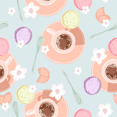 Seamless pattern with coffee, macarons, and flowers. Morning background for fabric, wrapping, textile, wallpaper, apparel. Vector illustration.のイラスト素材