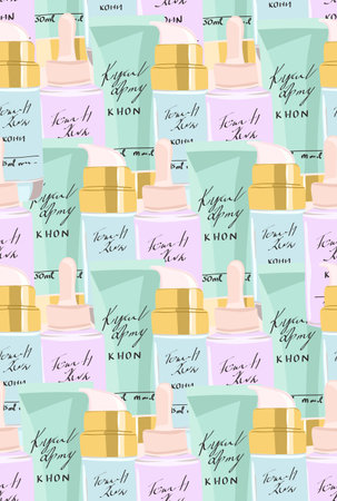 Seamless pattern with cosmetic and beauty products. Skincare background vector illustration.のイラスト素材