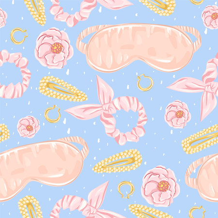 Seamless pattern with fashion accessories and flowers. Background for teenage girls or women. Vector illustration.のイラスト素材