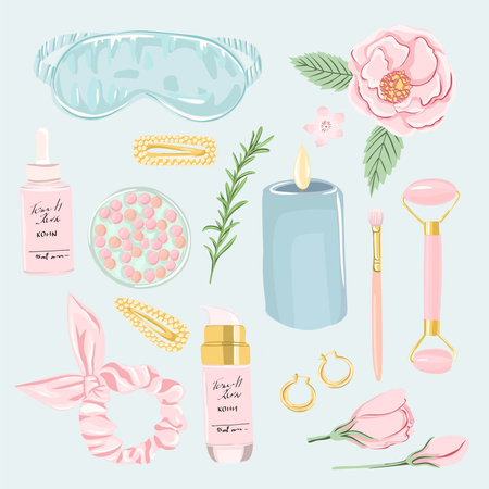Self-care, cosmetic and beauty element set. Skincare products vector illustration.のイラスト素材
