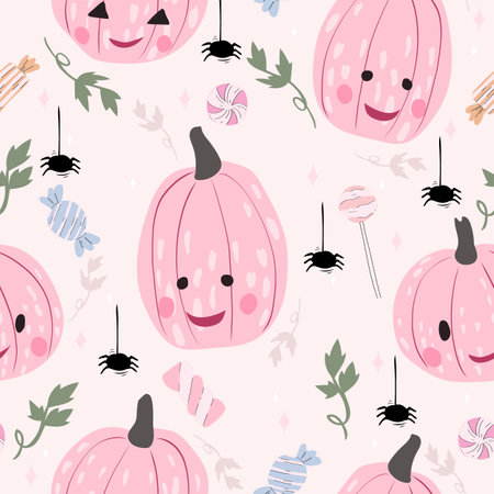 Pumpkin, spider and sweets background. Halloween vector illustration.のイラスト素材