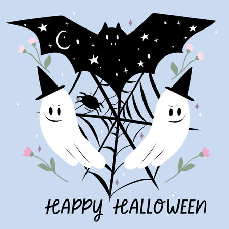 Halloween background with bat, ghost and spider web. Spooky vector illustration.のイラスト素材