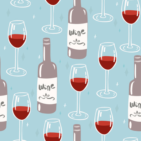Wine glass and bottle seamless pattern. Alcohol background wallpaper. Perfect for creating fabrics, textiles, wrapping paper, and packaging.のイラスト素材