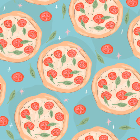 Italian pizza seamless pattern. Background with tomatoes and basil. Perfect for creating fabrics, textiles, wrapping paper, and packaging.のイラスト素材