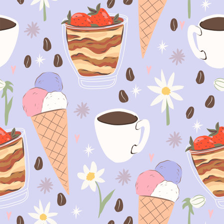 Cute Italian dessert seamless pattern. Tiramisu, ice cream, coffee and flower background wallpaper. Perfect for creating fabrics, textiles, wrapping paper, and packaging.のイラスト素材