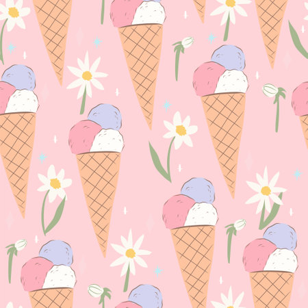 Ice cream and daisy seamless pattern. Cute background wallpaper. Perfect for creating fabrics, textiles, wrapping paper, and packaging.のイラスト素材