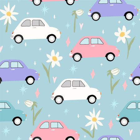 Cute car seamless pattern.  and floral background. Perfect for creating fabrics, textiles, wrapping paper, and packaging.のイラスト素材