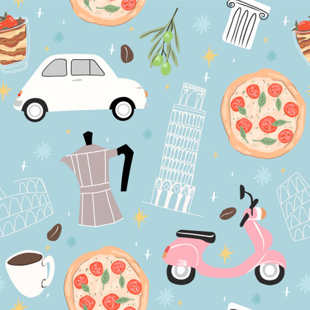 Italy seamless pattern. Background with , scooter, pizza and coffee. Perfect for creating fabrics, textiles, wrapping paper, and packaging.のイラスト素材
