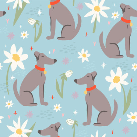 Dog and flower seamless patter. Cute background. Perfect for creating fabrics, textiles, wrapping paper, and packaging.のイラスト素材