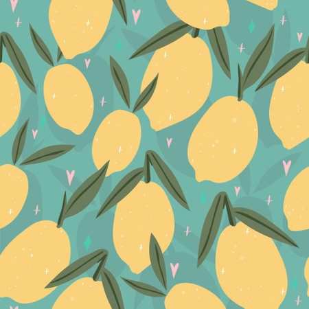 Cute lemon fruit pattern. Citrus fruit background. Perfect for creating fabrics, textiles, wrapping paper, and packaging.のイラスト素材