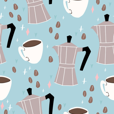 Moka pot seamless pattern. Morning coffee cup backgorund. Coffee beans. Perfect for creating fabrics, textiles, wrapping paper, and packaging.のイラスト素材