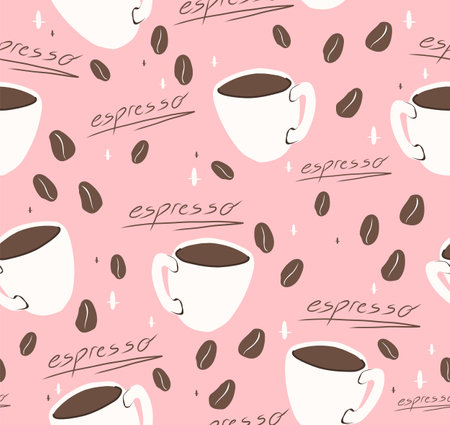 Coffee cup and beans seamless pattern. Morning coffee background. Perfect for creating fabrics, textiles, wrapping paper, and packaging.のイラスト素材