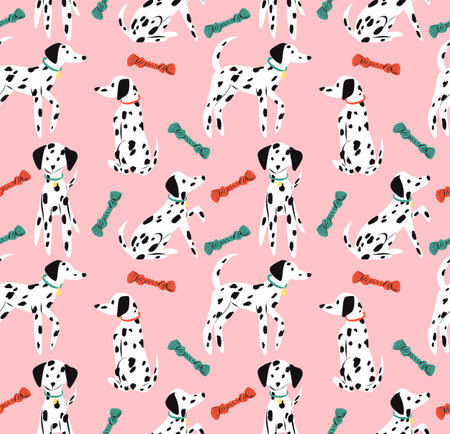 Dalmatian dog and toys. Cute puppy play. Perfect for creating fabrics, textiles, wrapping paper, and packaging.のイラスト素材
