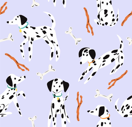 Cute Dalmatian seamless pattern. Background with a playful puppy. Perfect for creating fabrics, textiles, wrapping paper, and packaging.のイラスト素材