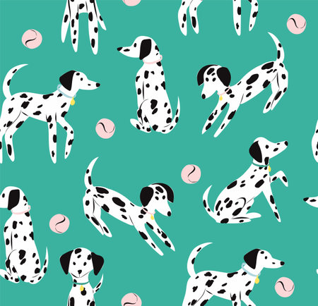 Dalmatian dogs play with ball seamless  pattern. Perfect for creating fabrics, textiles, wrapping paper, and packagingのイラスト素材
