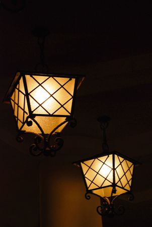 black night. Two streetlight flash on the streetの写真素材