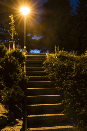Staircase and street lamp in the evening park.の写真素材