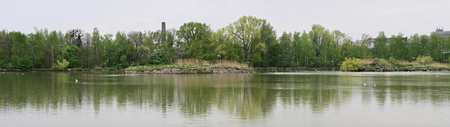Panorama of lake and island with nest of seagulls.の写真素材