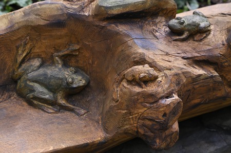 A frog carved on a wood trunk.の写真素材