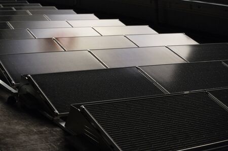 Illuminated panels on the evening roof.