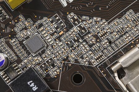 Processor on computer motherboard in macro detail.