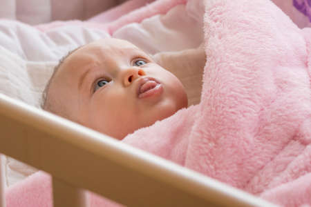 Four month old infant Caucasian woman lying in a pink wrap in a crib.の写真素材