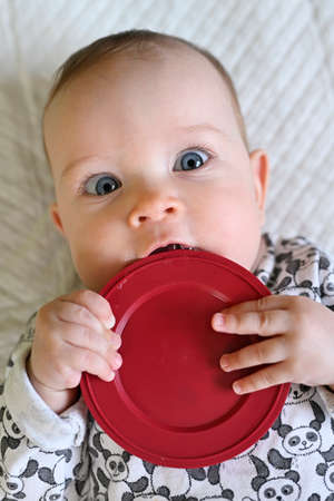 A seven month old baby girl lying on her back and sucks on a plastic cap.の写真素材
