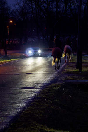 Riders riding next to the road where the car passes.の写真素材
