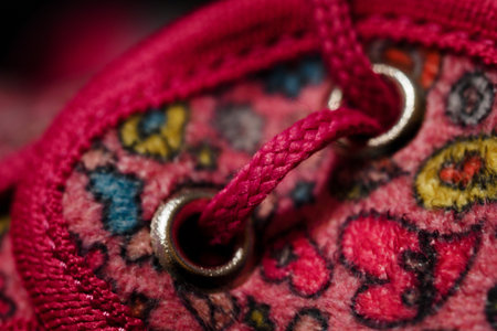 Close-up of pink shoelaces on a baby boot.