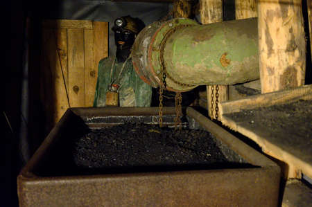 Mannequin of a miner in a black coal mine in a mine.
