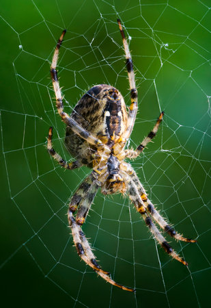 Macro view of a spider in a web - view of the belly.