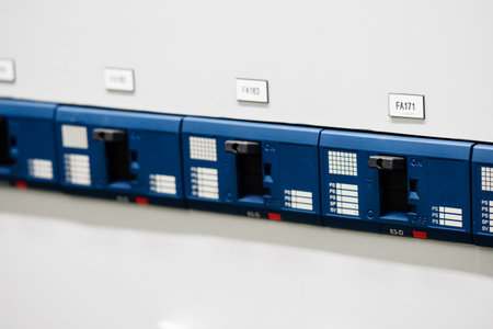 A series of deon circuit breakers in a switchboard.