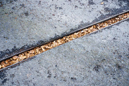 Metal gutter in a concrete path set with leaves.