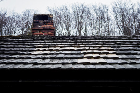 Old brick chimney on a wooden thatched roof.の写真素材