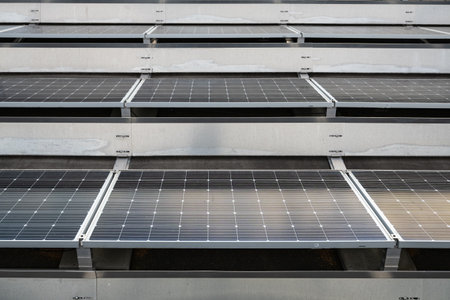Solar panels on a flat roof.の写真素材