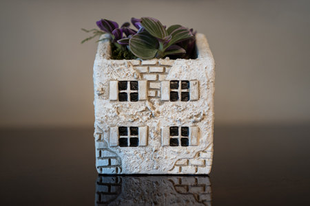 Flower pot in the shape of an old house with a flower.