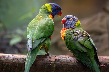 Colorful male and female parrot.の写真素材