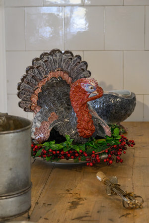 A demonstration of a ceramic turkey on a plate in the kitchen.