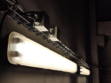Glowing fluorescent lamps in a cover on the wall with a cable grid.