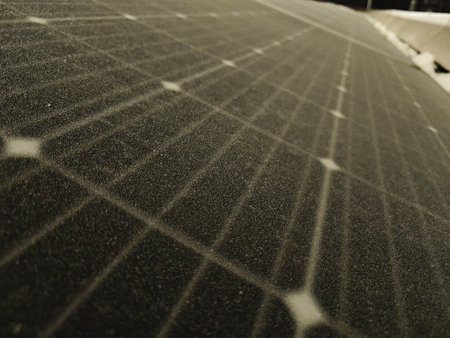 Icing on solar panels in the evening.の写真素材