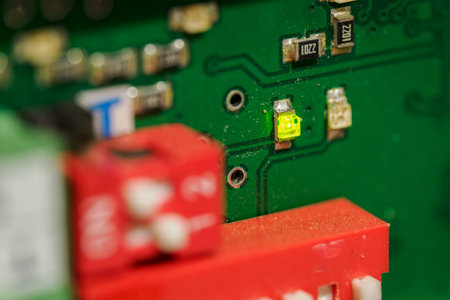 Electronic circuit board close up. Macro photo with selective focus.