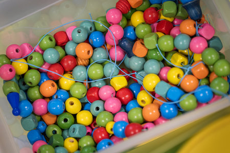 Colorful beads in a box, close-up, selective focusの写真素材