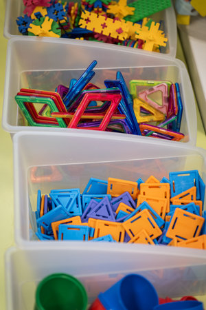 Plastic toys in a children's playroom, close-up