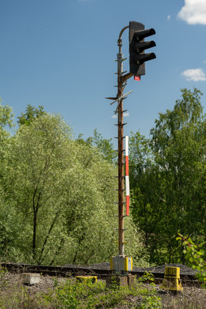Railway signal post outdoors on a sunny day.の写真素材