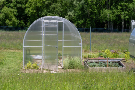 Plastic greenhouse outdoors by a garden fence, captured in natural light, showing its translucent panels and integration into the backyard setting.の写真素材
