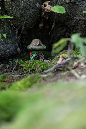 Painted miniature plaster fairy house outdoors at the base of an alder tree in moss, captured in natural light, evoking a whimsical woodland scene and handcrafted charm.の写真素材