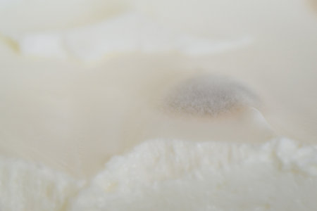 Circular mold resembling cotton candy on processed cheese.の写真素材