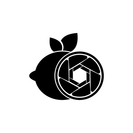Vector Lemon Shutter Photography design template. Icon with black color, circle, shutter and Lemon fruit combination. Its good simple design your company or brand identity.のイラスト素材
